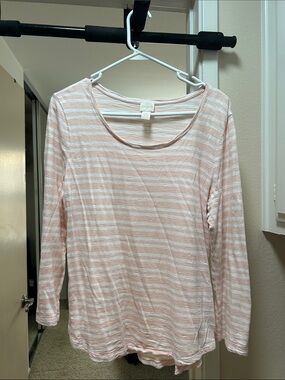 Chico's Pale Pink & White Striped Long Sleeve Scoop Neck Top